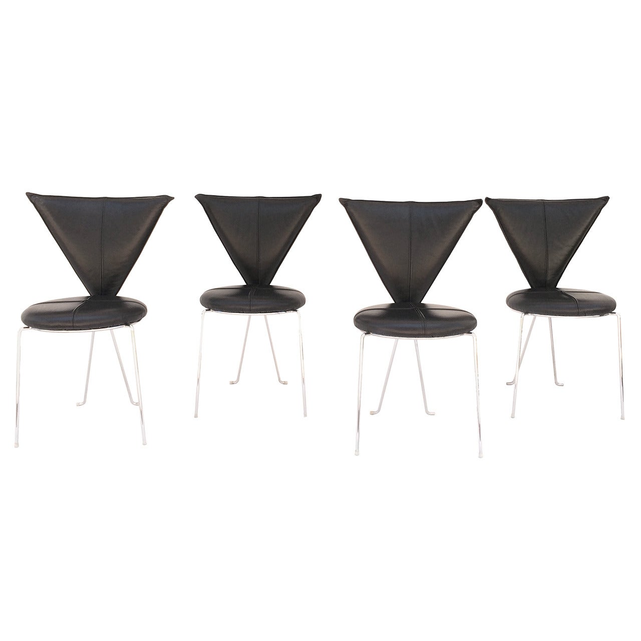 Rare Set of Four Black Leather and Chrome Chairs by Helmut Lubke & Co For Sale