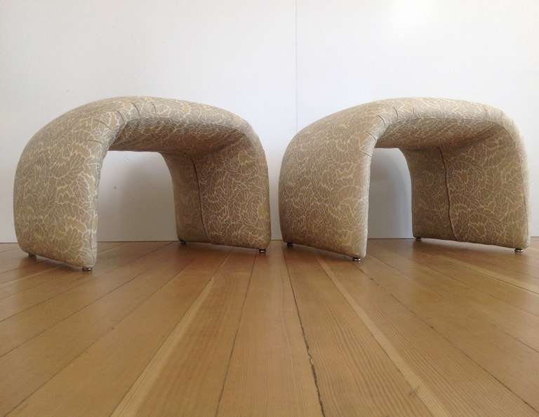 An attractive pair of benches in excellent condition. 
Fabric is a fall leaf pattern, simply gorgeous!
Their smaller scale makes them perfect for the end of a bed or as extra seating in a sitting room. 
Designed by Milo Baughman.