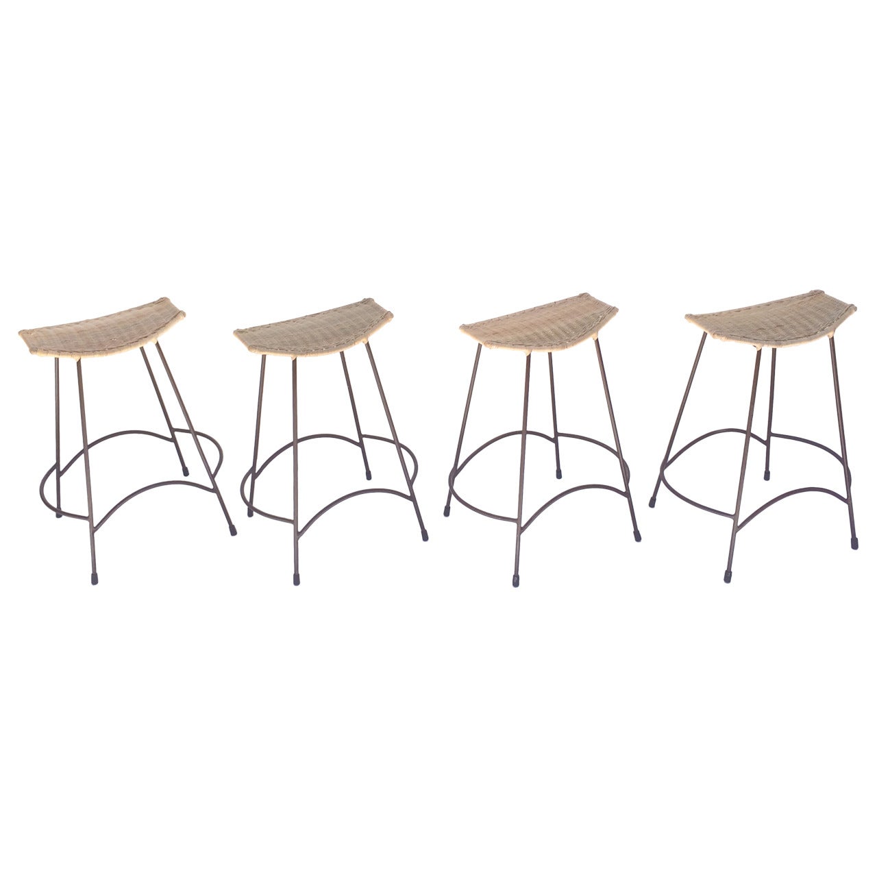Set of Four Wicker and Painted Steel Stools Designed by Arthur Umanoff