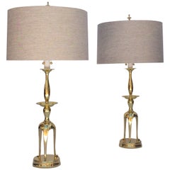 Retro Pair of Polished Brass Chapman Lamps in the Manner of James Mont