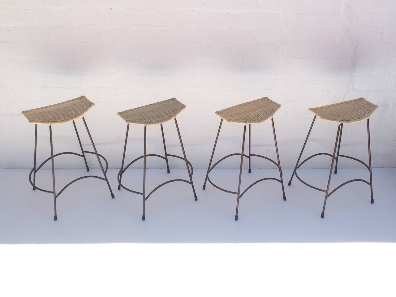 American Set of Four Wicker and Painted Steel Stools Designed by Arthur Umanoff