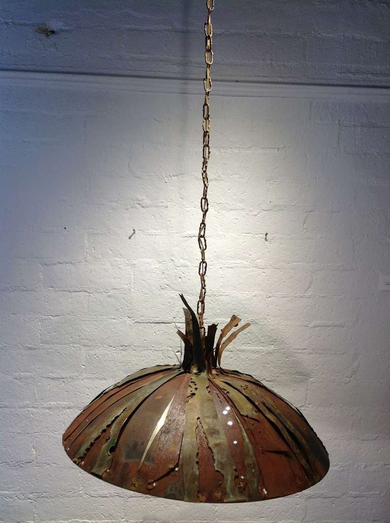 Metal Brutalist Hanging Light in the style of Tom Greene