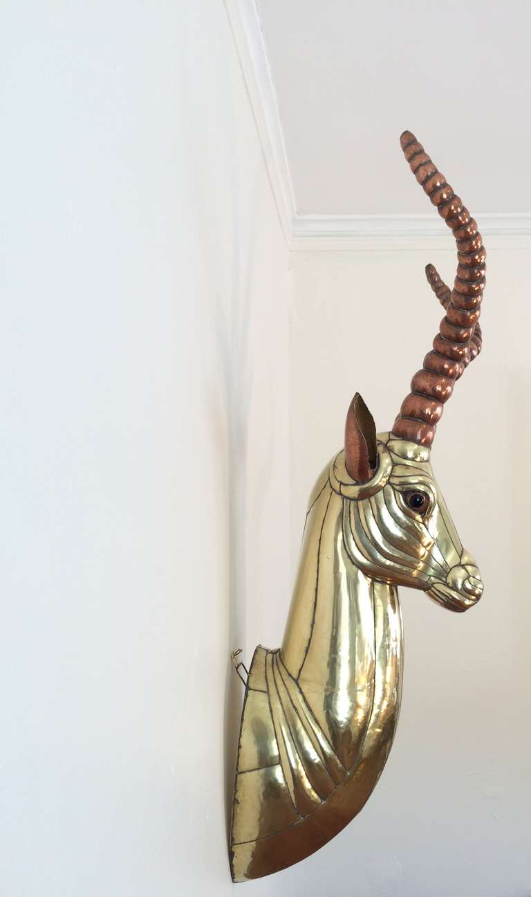 Mid-Century Modern Large Polished Brass & Copper Antelope by Sergio Bustamante