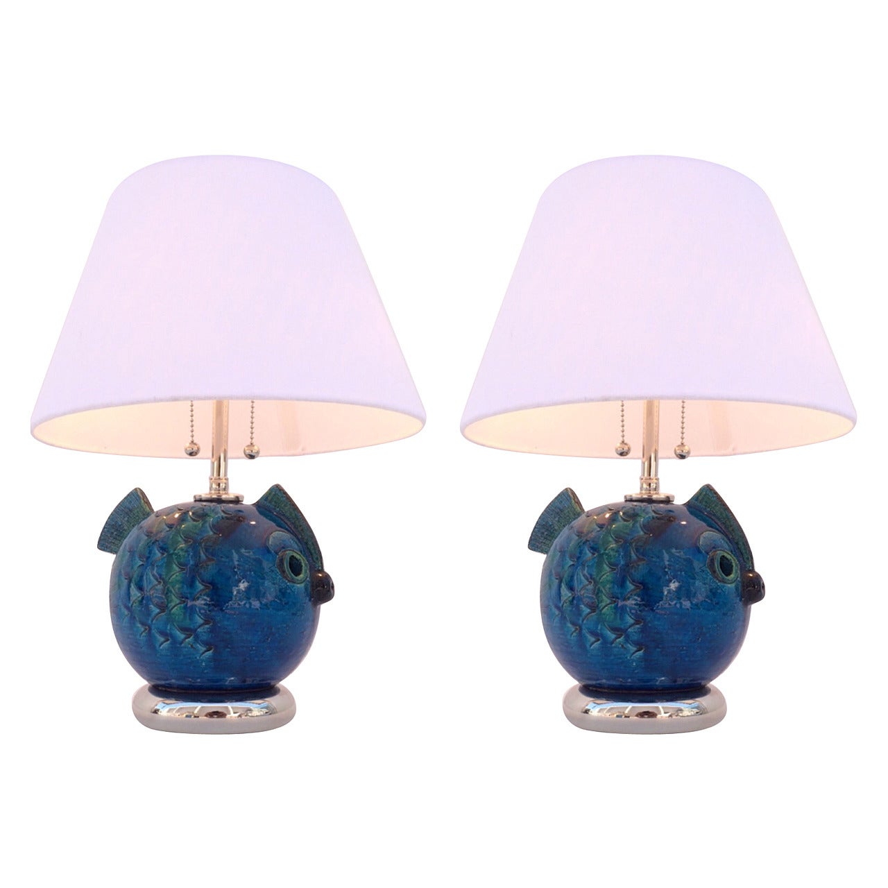 Whimsical Pair of "Rimini Blue" Ceramic Fish Lamps by Aldo Londi for Bitossi