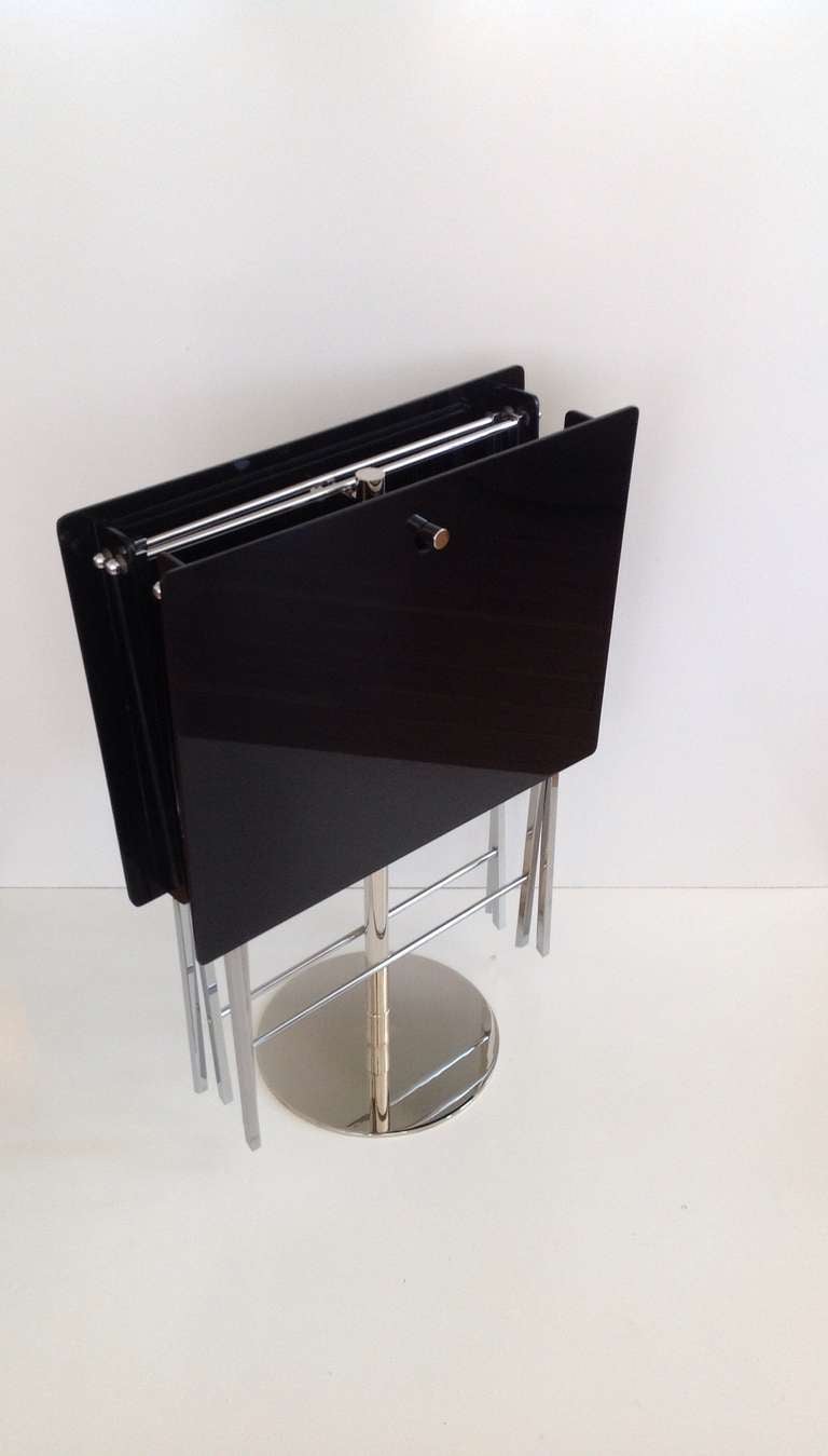 Nickel Pair of Smoked Acrylic Folding Trays with Stand Designed by Charles Hollis Jones