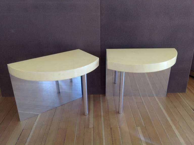 Mid-Century Modern Pair of Goatskin and Polished Aluminum Side Tables in the Style of Karl Springer