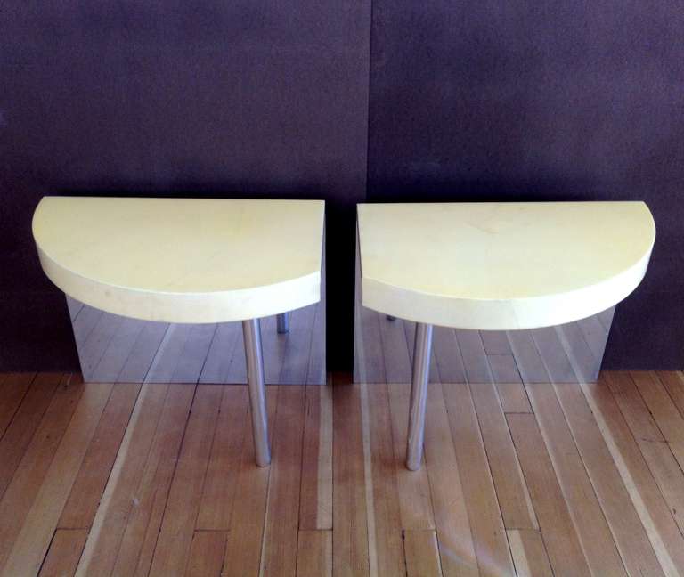 American Pair of Goatskin and Polished Aluminum Side Tables in the Style of Karl Springer
