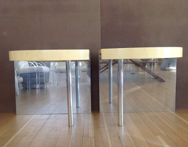 Pair of Goatskin and Polished Aluminum Side Tables in the Style of Karl Springer 1
