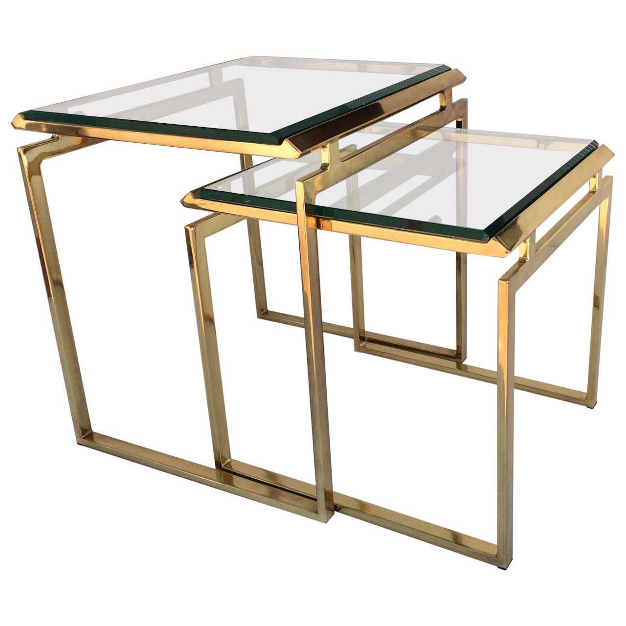 Polished Brass and Beveled Glass Nesting Tables Designed by Milo Baughman