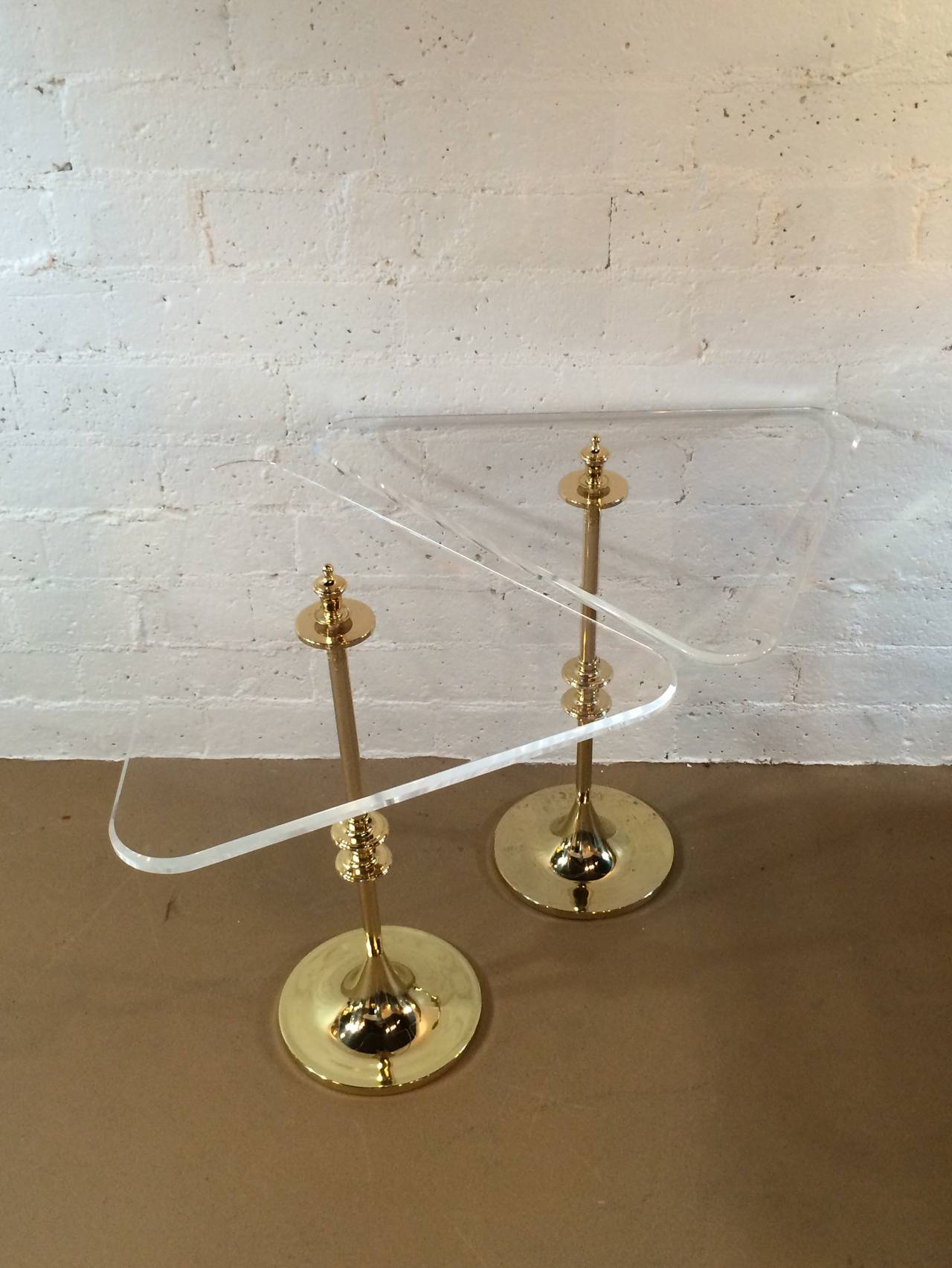Mid-Century Modern Stunning Pair of Polished Brass and Acrylic Side Tables