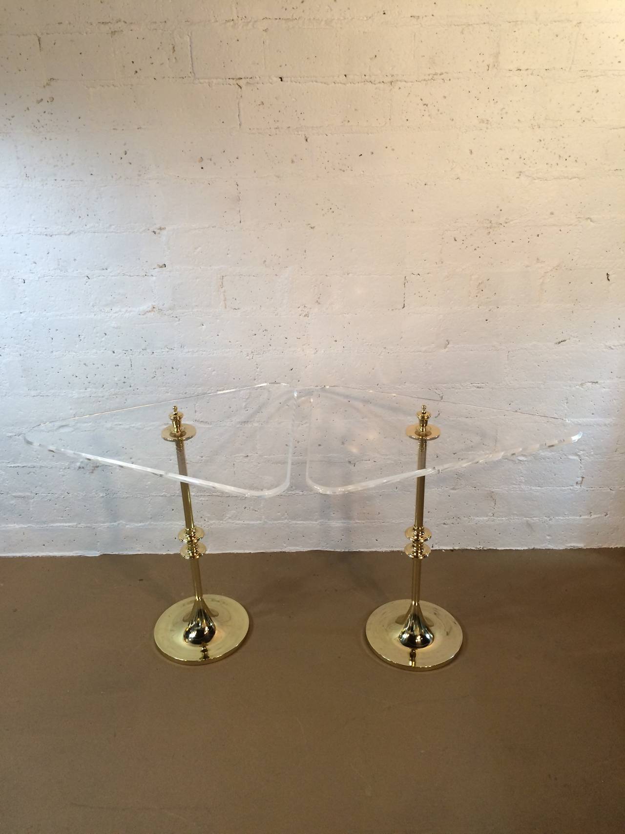 American Stunning Pair of Polished Brass and Acrylic Side Tables