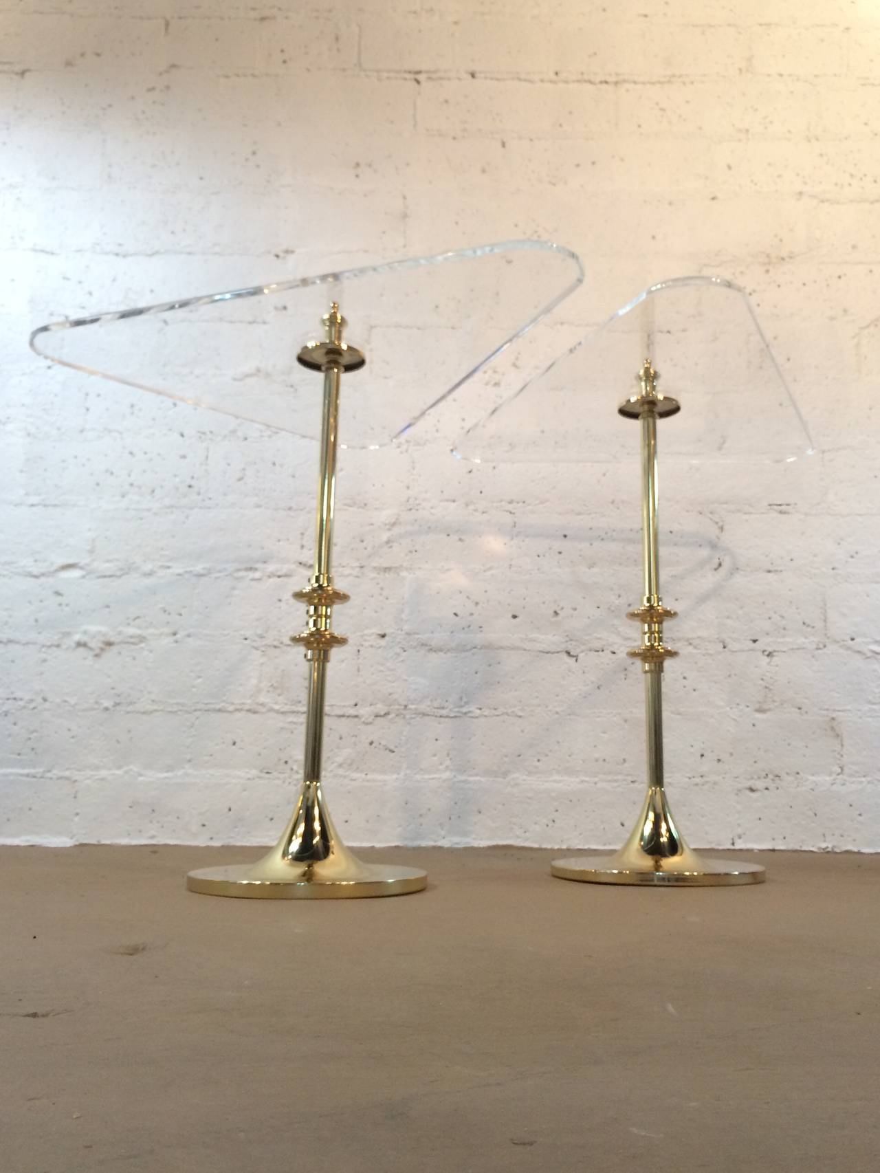 Beveled Stunning Pair of Polished Brass and Acrylic Side Tables