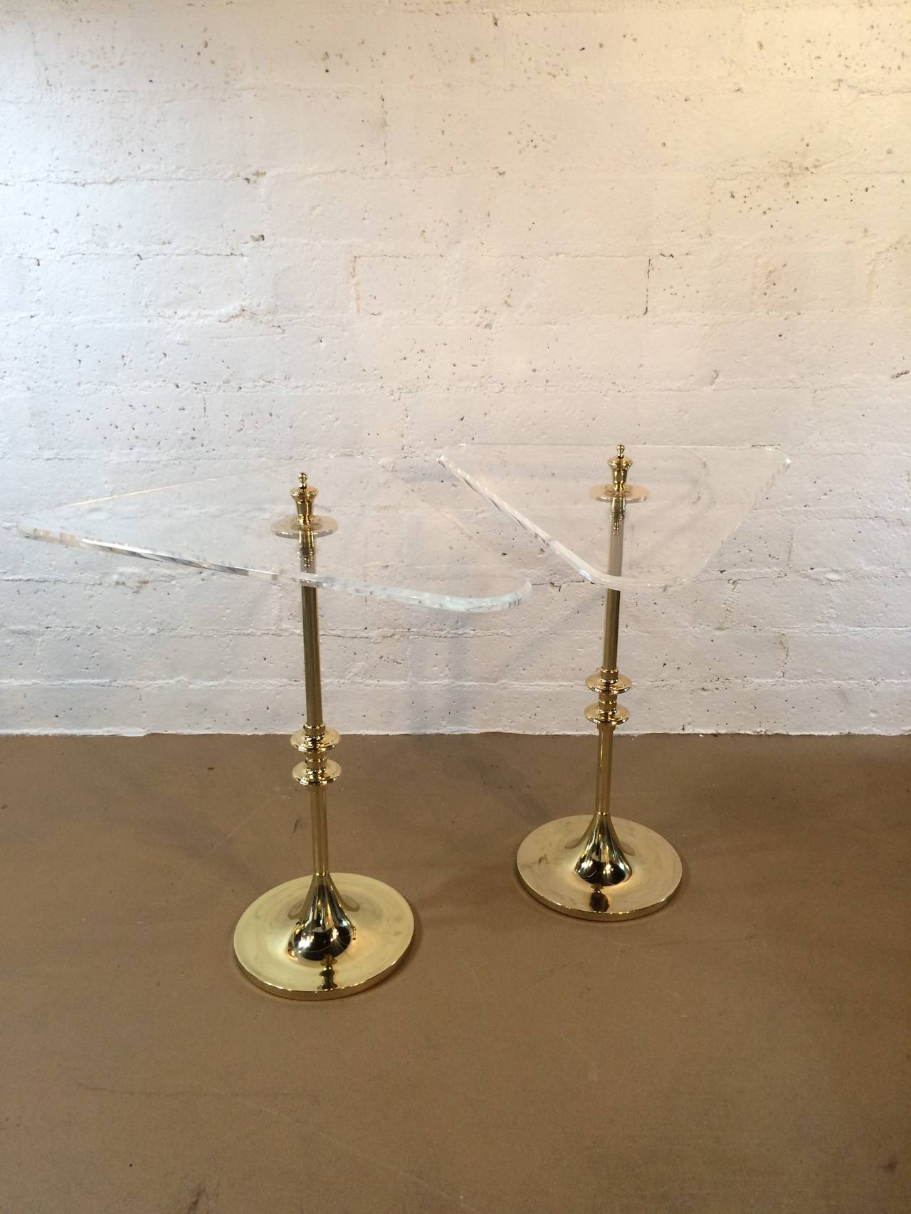 Stunning Pair of Polished Brass and Acrylic Side Tables In Excellent Condition In Palm Springs, CA