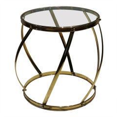 Polished Brass & Glass Drum Side Table