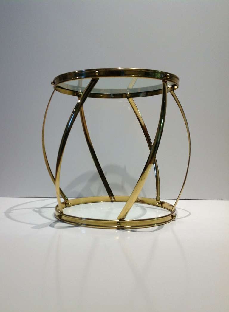 Late 20th Century Polished Brass & Glass Drum Side Table