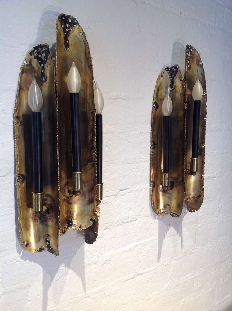 Brass Pair of Brutalist Wall Sconces Designed by Tom Greene for The Feldman Co.