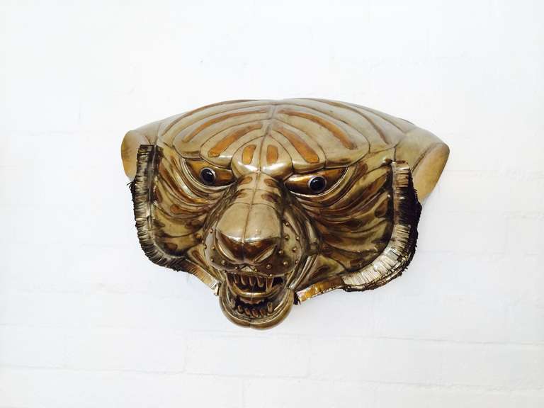 Large wall mounted copper & brass tiger head designed by Sergio Bustamante. 
This amazing example of Bustamante's work in metals is signed and numbered 26/100