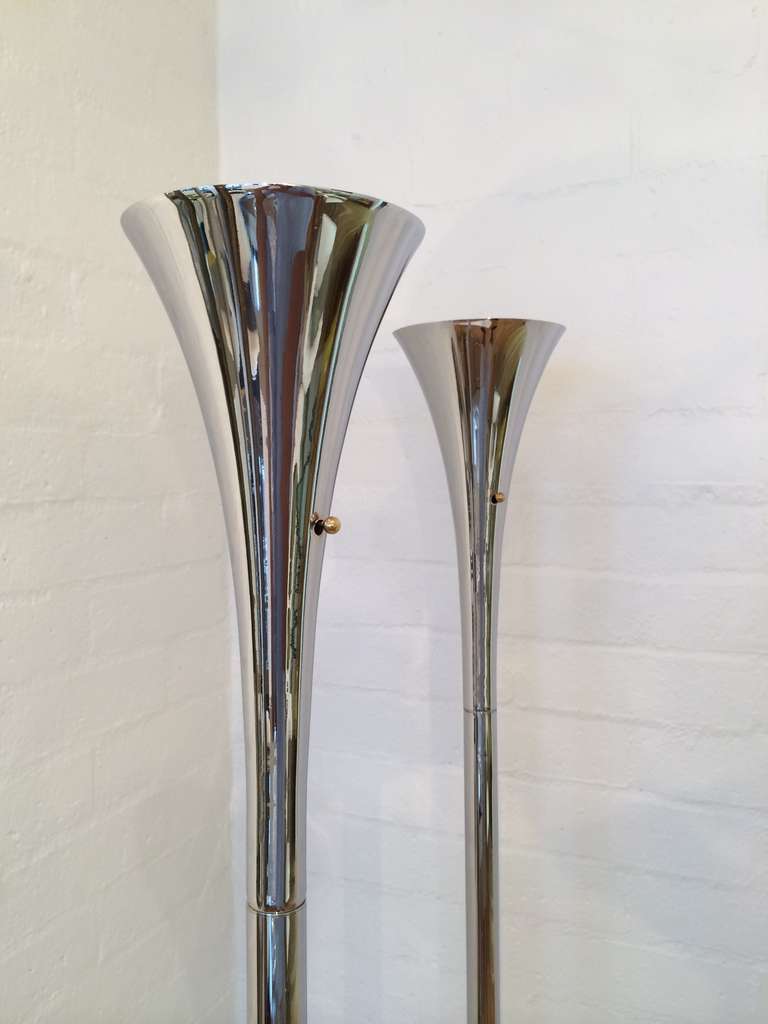 Mid-Century Modern Pair of Newly Nickel Plated Torcheres Floor Lamps Made by Laurel