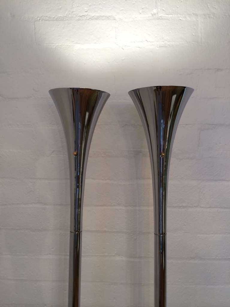 Pair of Newly Nickel Plated Torcheres Floor Lamps Made by Laurel In Excellent Condition In Palm Springs, CA