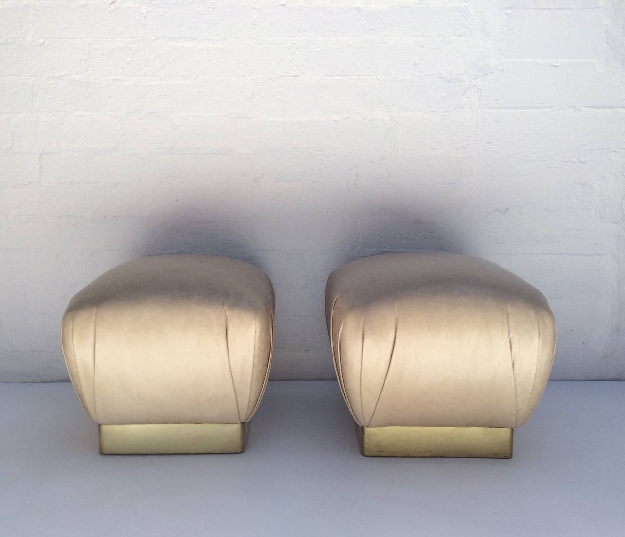 American Pair of Leather and Brass Poufs Designed by Marge Carson