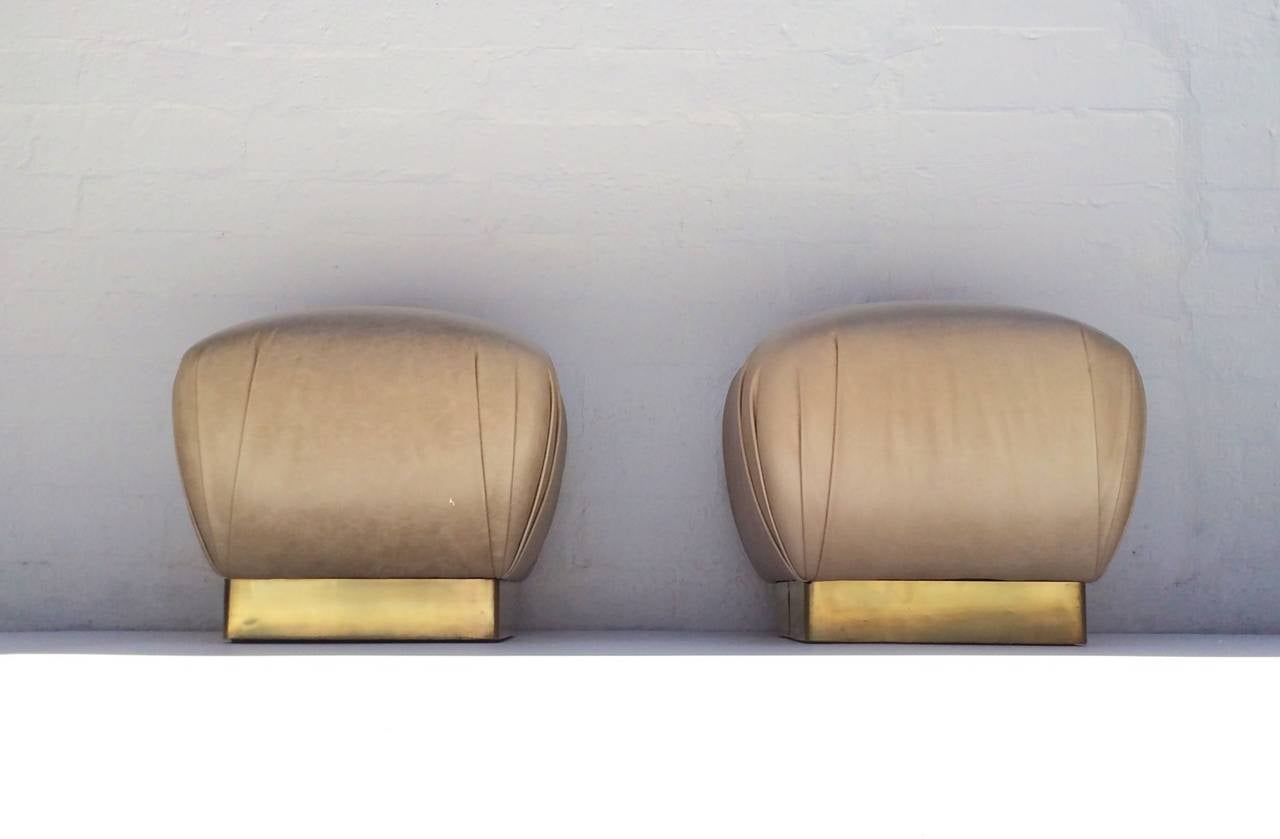 Pair of Leather and Brass Poufs Designed by Marge Carson In Excellent Condition In Palm Springs, CA