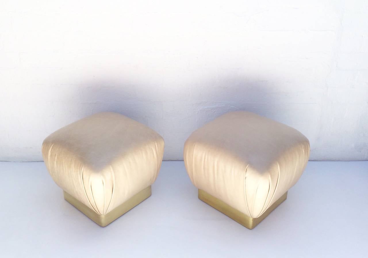 Mid-Century Modern Pair of Leather and Brass Poufs Designed by Marge Carson