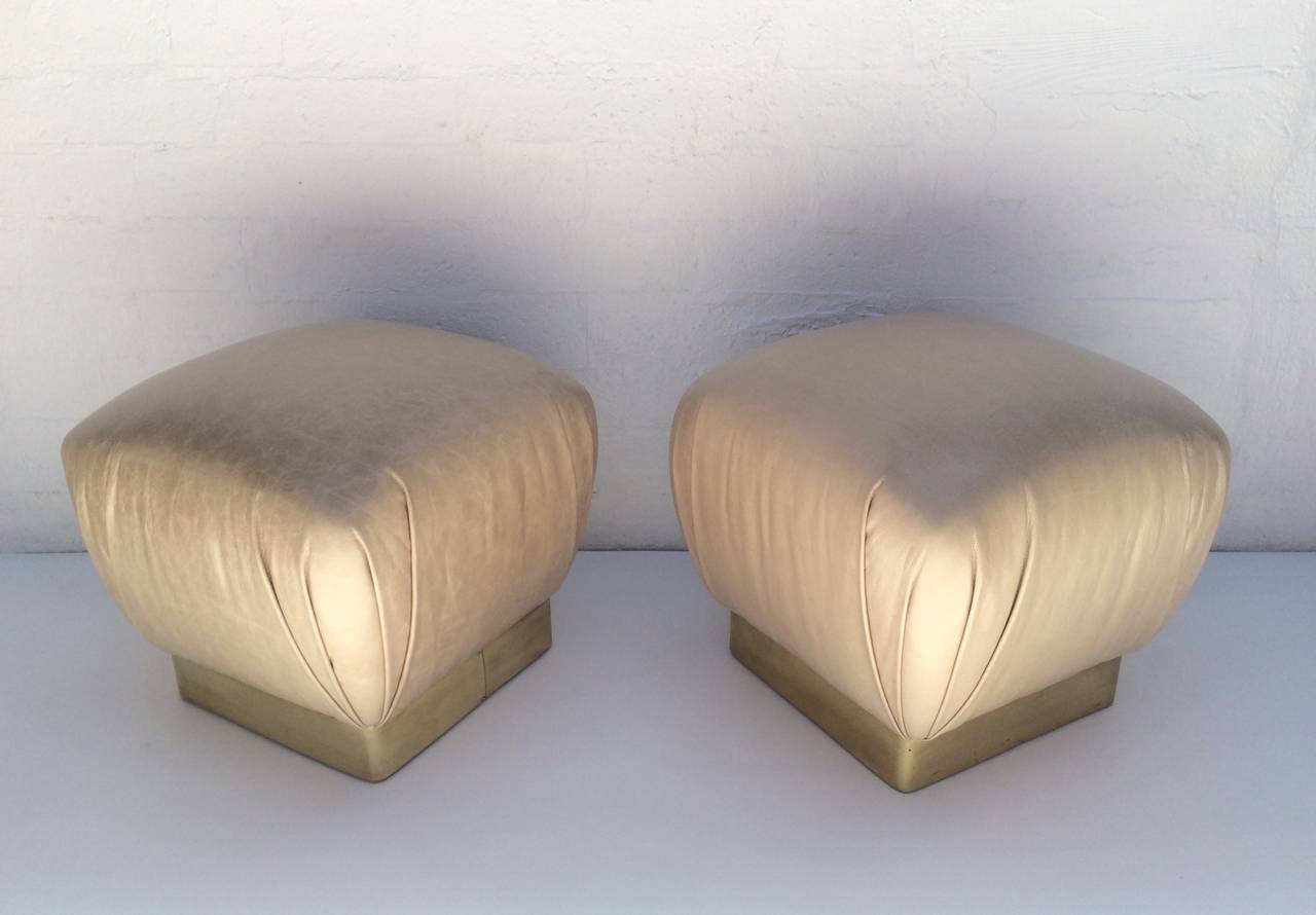 Late 20th Century Pair of Leather and Brass Poufs Designed by Marge Carson