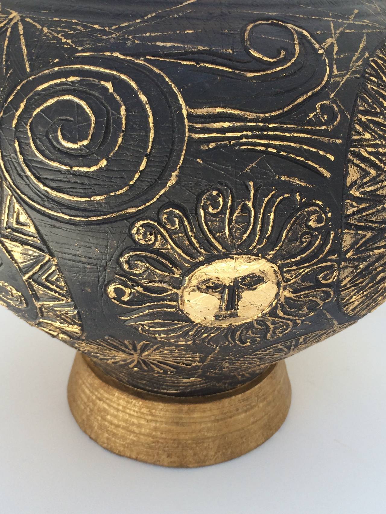 Brass Sun Face Hand-Painted 1950s Table Lamp