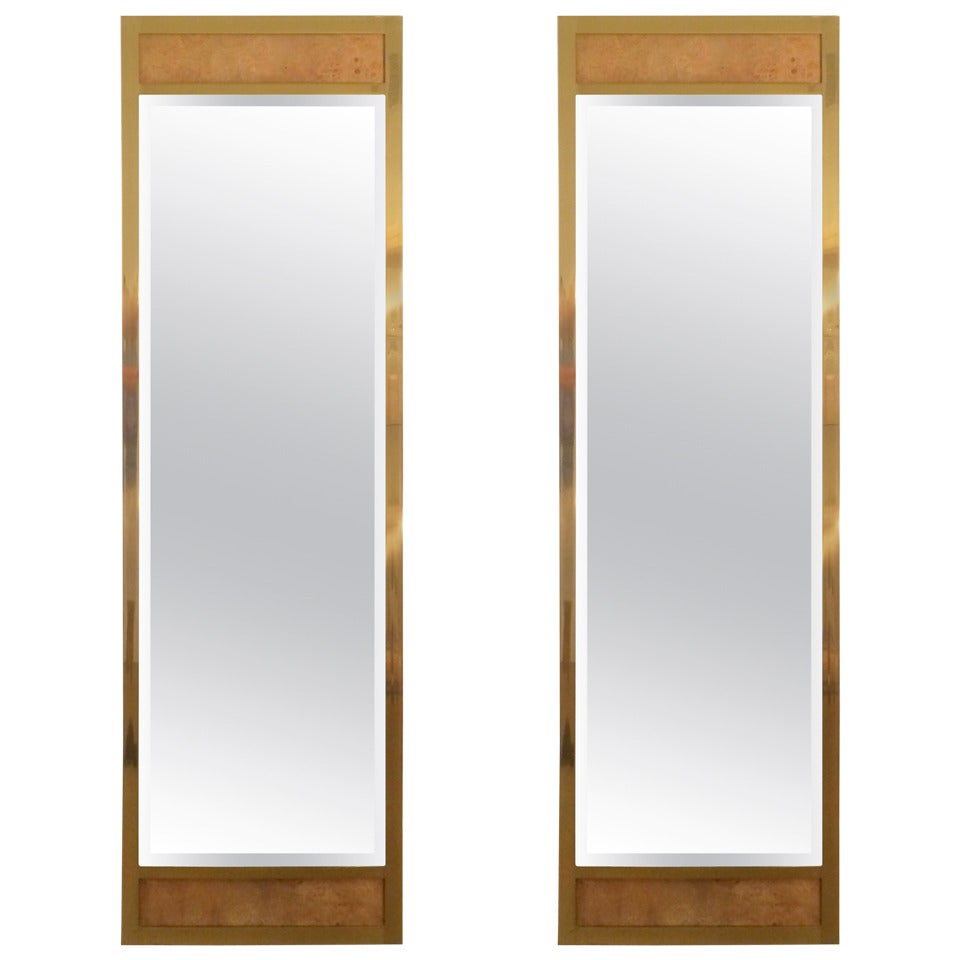 Pair of Solid Brass with Burlwood Beveled Mirrors by Mastercraft