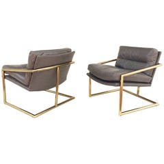 Tubular Brass with Leather Lounge Chairs by Milo Baughman