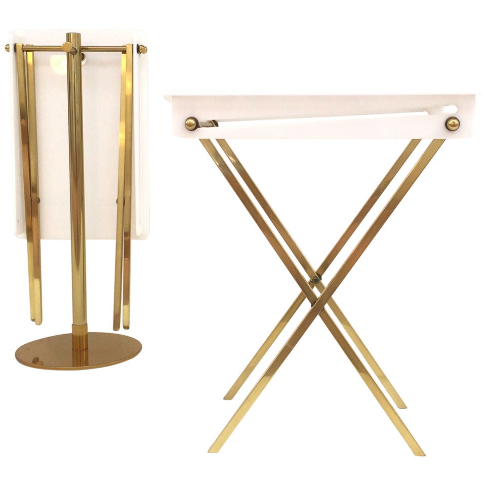 White Acrylic and Polished Brass Tray Tables with Stand by Charles Hollis Jones
