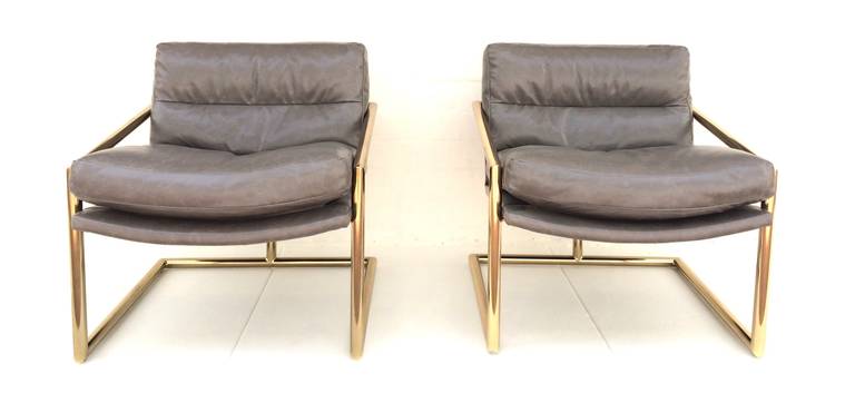 American Tubular Brass with Leather Lounge Chairs by Milo Baughman