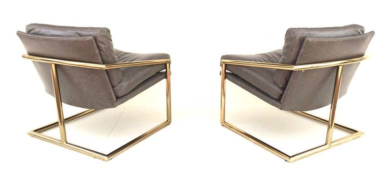 Mid-Century Modern Tubular Brass with Leather Lounge Chairs by Milo Baughman