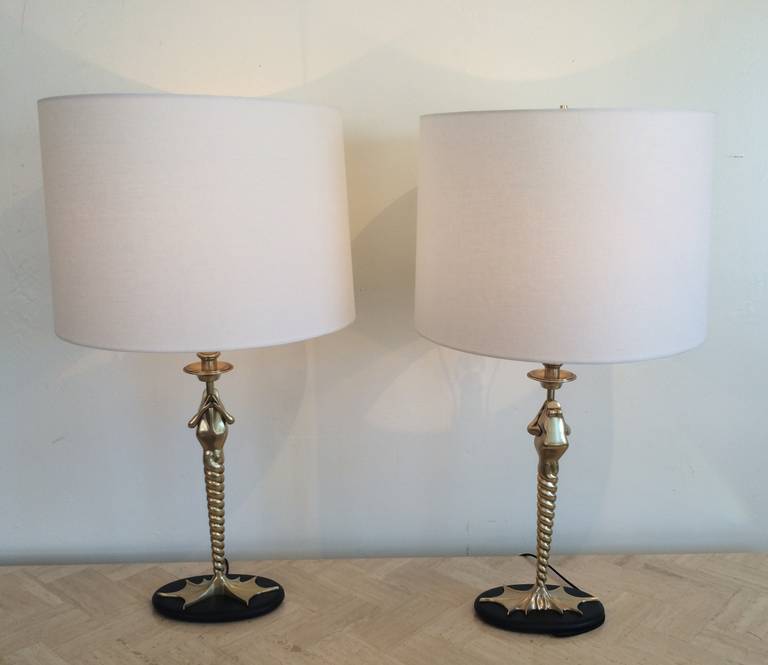 Rare Pair of  Polished Brass Frog Table Lamps by Chapman 1