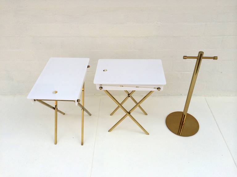 White Acrylic and Polished Brass Tray Tables with Stand by Charles Hollis Jones 1