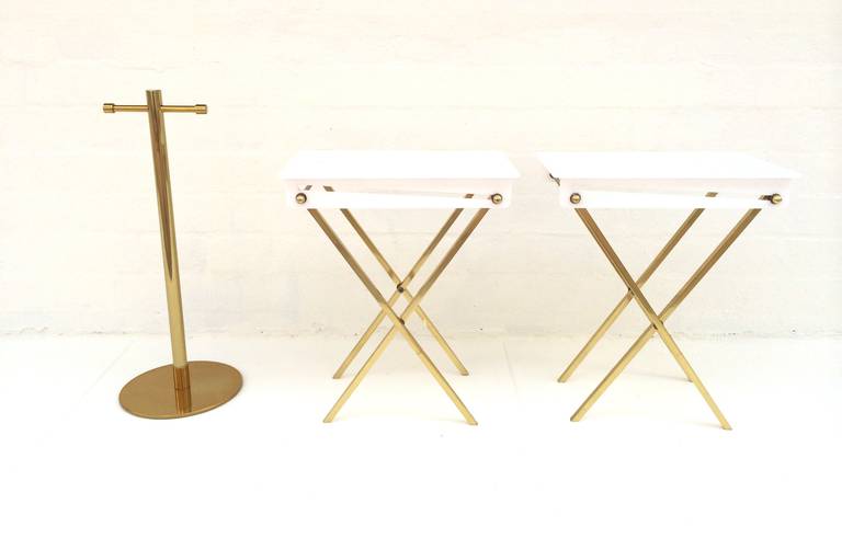 American White Acrylic and Polished Brass Tray Tables with Stand by Charles Hollis Jones