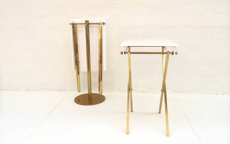Mid-Century Modern White Acrylic and Polished Brass Tray Tables with Stand by Charles Hollis Jones
