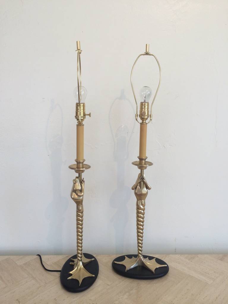 Modern Rare Pair of  Polished Brass Frog Table Lamps by Chapman
