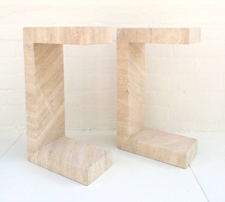 Mid-Century Modern Pair of Solid Polished Travertine Side Tables or Benches