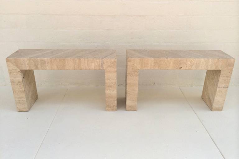 Pair of Solid Polished Travertine Side Tables or Benches In Excellent Condition In Palm Springs, CA