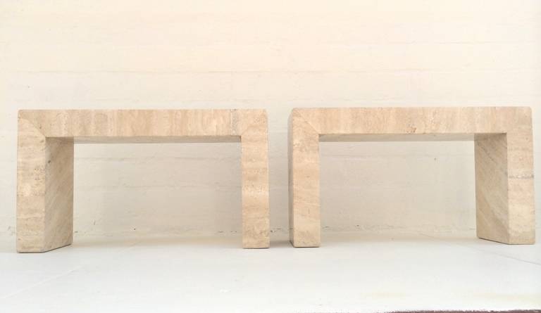 Unknown Pair of Solid Polished Travertine Side Tables or Benches