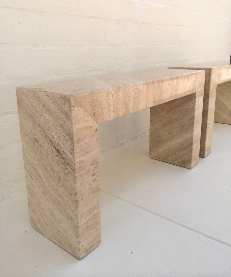 Late 20th Century Pair of Solid Polished Travertine Side Tables or Benches