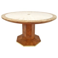 Two Tone Travertine and Burl Wood Game Table by John Widdicomb