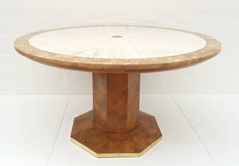 A stunning game table designed by John Widdicome. 
This table consist of a burl wood base with a two tone travertine top and brass inlay.
Circa 1960s