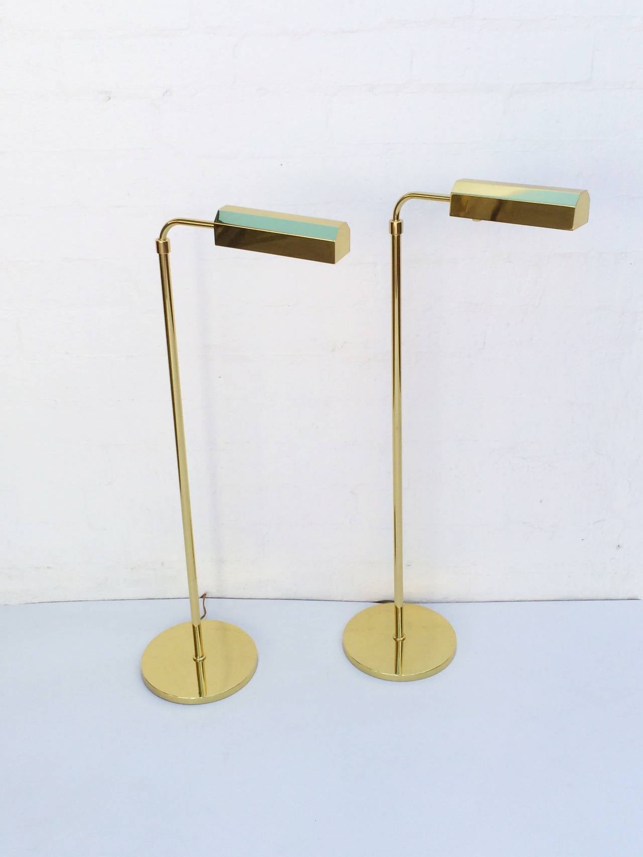 Mid-Century Modern Pair of Polished Brass Adjustable Floor Lamps