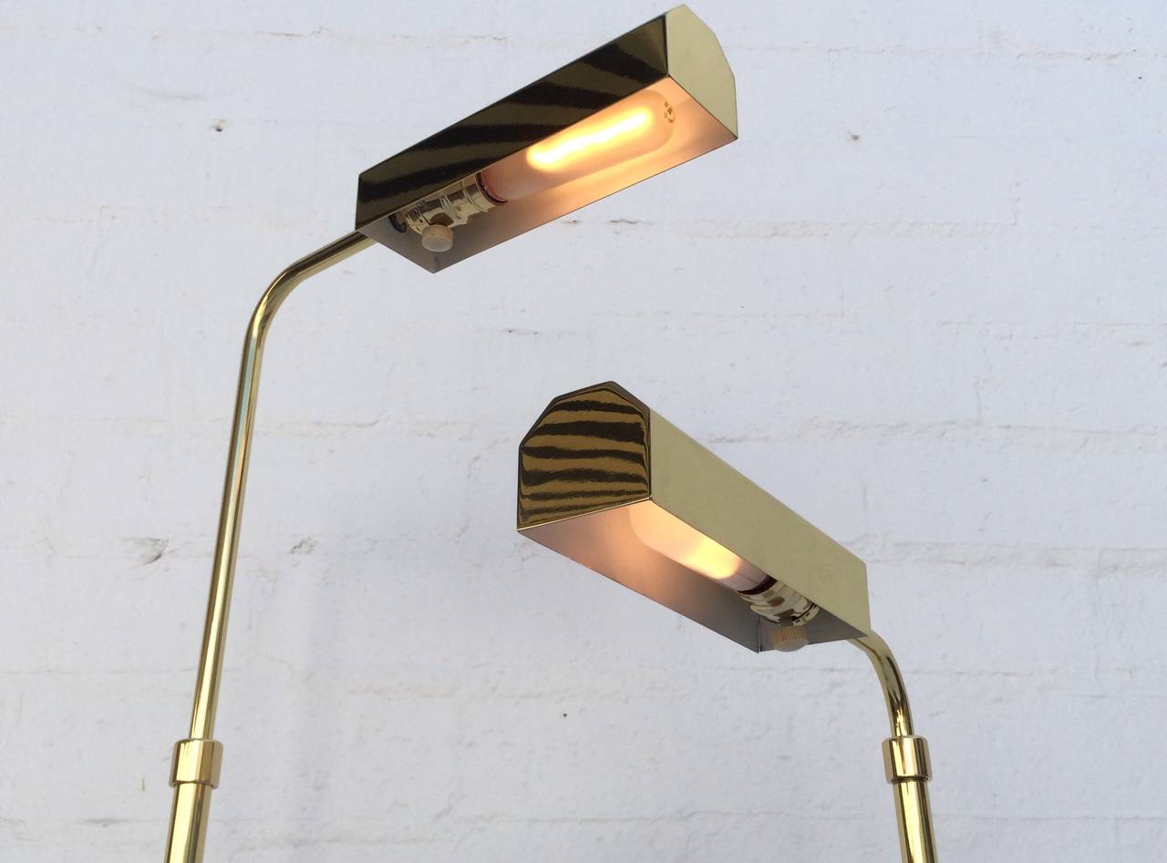 Pair of Polished Brass Adjustable Floor Lamps In Excellent Condition In Palm Springs, CA