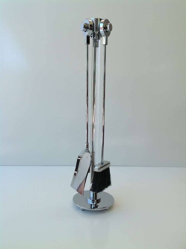 1970s Chrome and Acrylic Fireplace Tool Set designed by Maison Charles