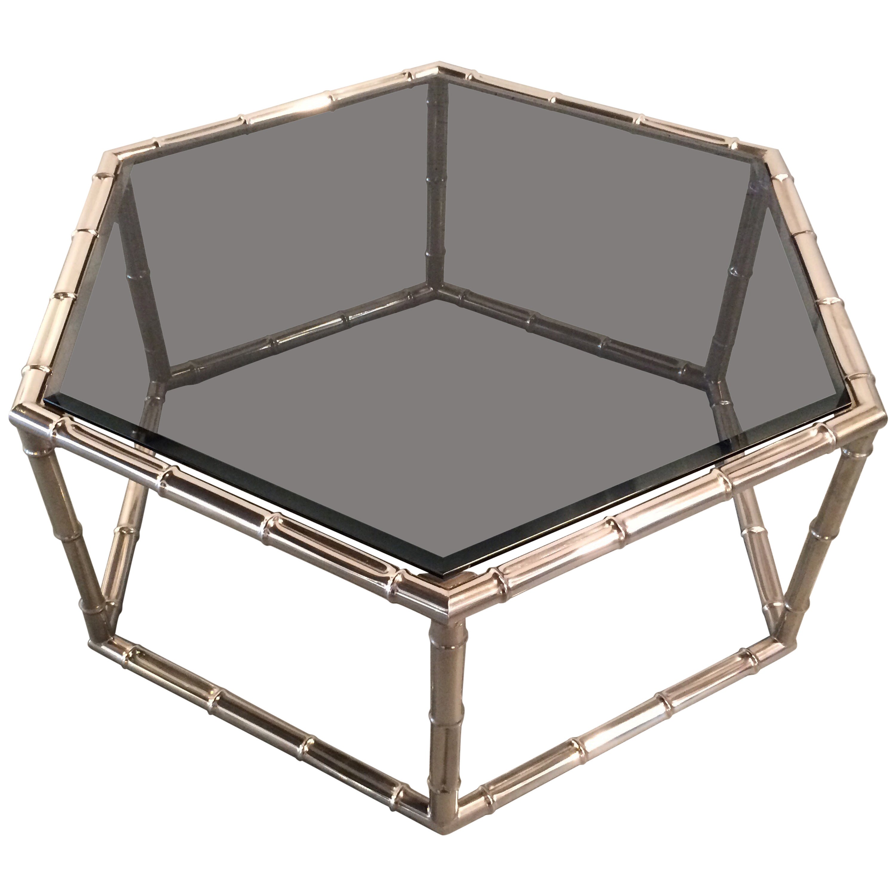 Faux Bamboo Nickel and Smoked Glass Cocktail Table by Mastercraft