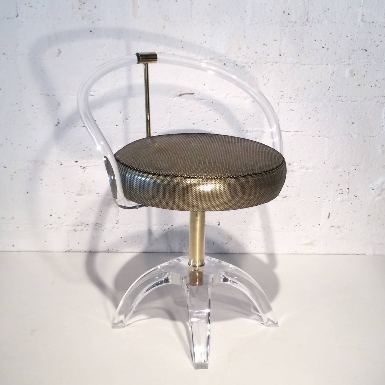 Mid-Century Modern Acrylic and Brass Swivel Vanity Stool by Charles Hollis Jones