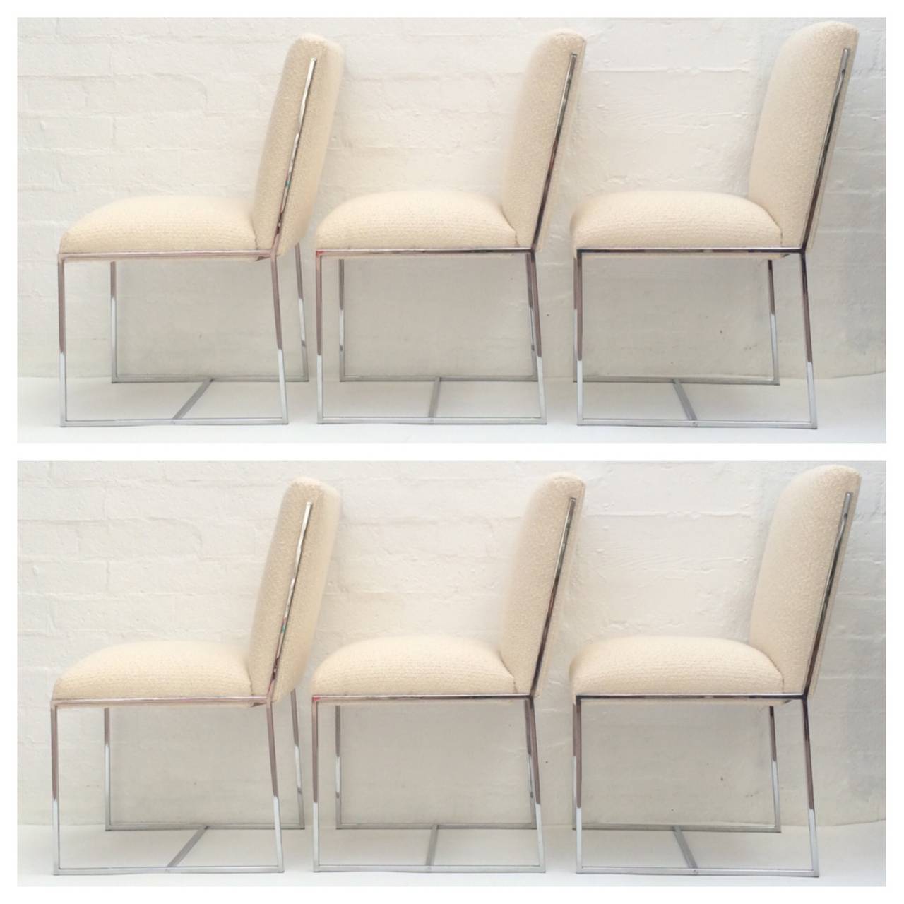 Six polished chrome base dining chairs designed by Milo Baughman circa 1970s. 
Newly reupholstered in a off-white nubby fabric.